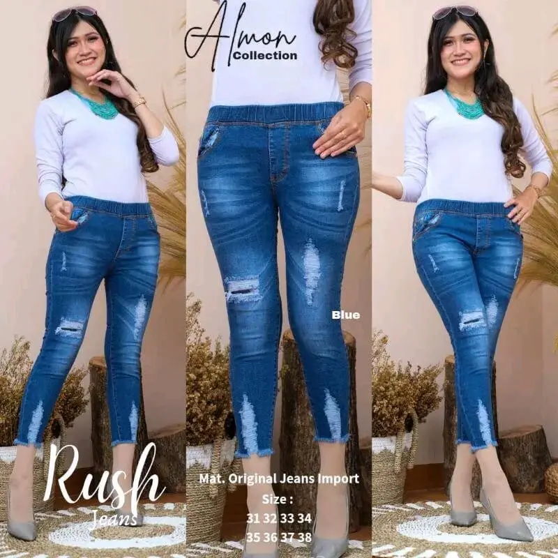 celana jeans wanita model sobek-sobek - celana Denim pinggang karet kekinian Legging Stretch Casual Waist 4