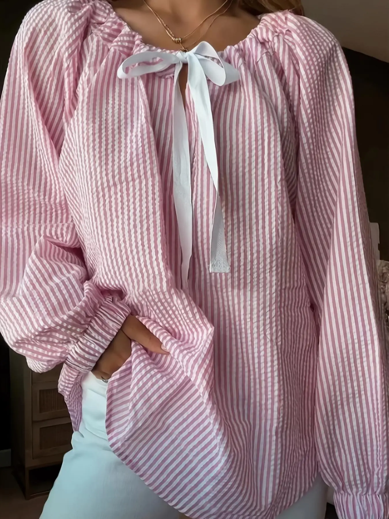 Women's Striped Print Blouse, Elegant Long Sleeve Top for Spring & Fall, Ladies Clothes for Daily Wear