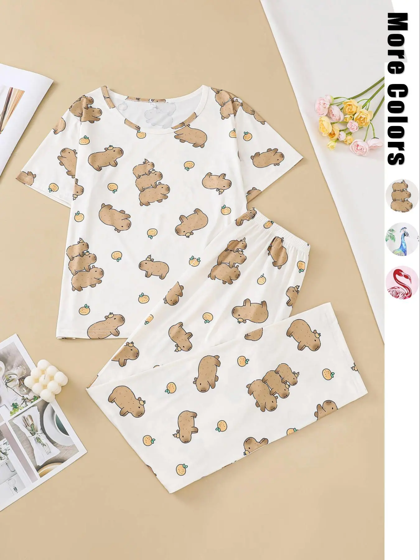 Two-Piece Set Women's Cartoon Capybara Orange Print Tee & Elastic Waist Pants Pyjama Set, Casual Comfy Round Neck Short Sleeve T-shirt & Straight Leg Trousers Pj Set, Ladies Sleepwear for All Seasons