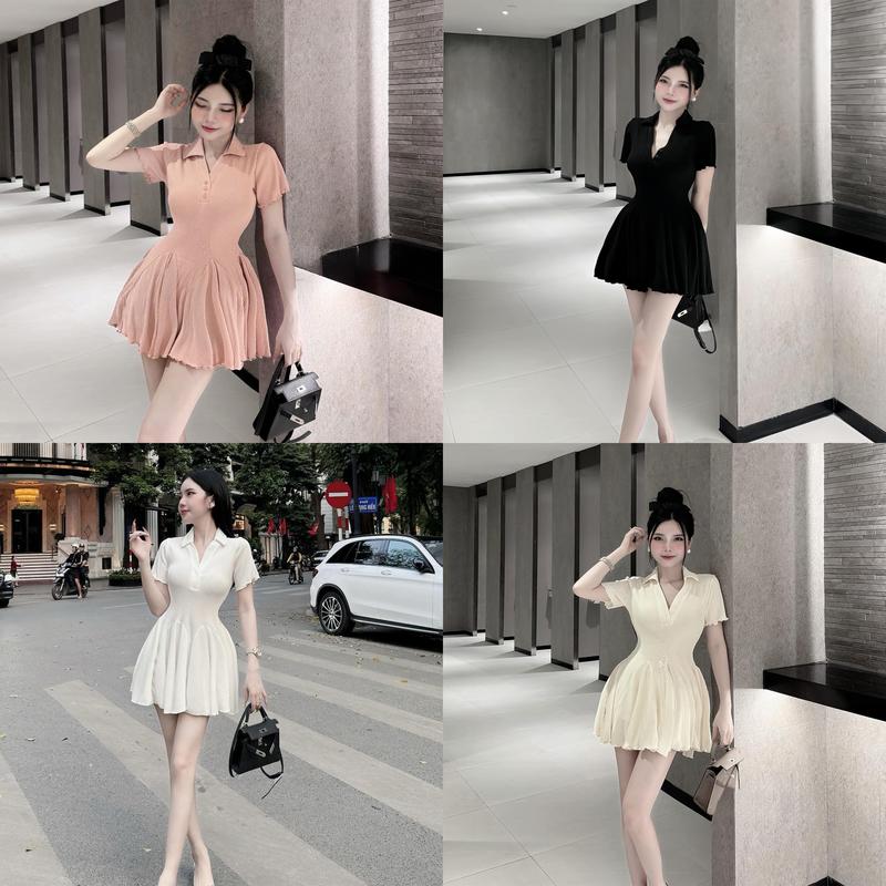 Váy polo viền xoăn cúc ngực dáng xòe bồng trơn basic xinh xắn đen đỏ be nâu hồng Mai Chi Store MC24688 Nữ Women Dress