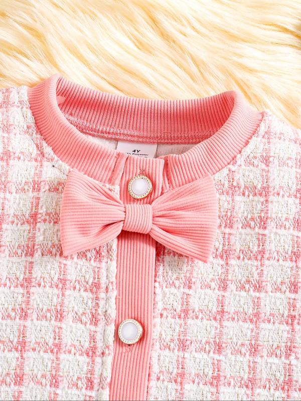 Two-piece Set Toddler Girl's Plaid Button Front Outerwear & Skirt Set, Elegant Long Sleeve Round Neck Knit Top & High Waist Skirt, Kids Spring & Fall Clothes 2