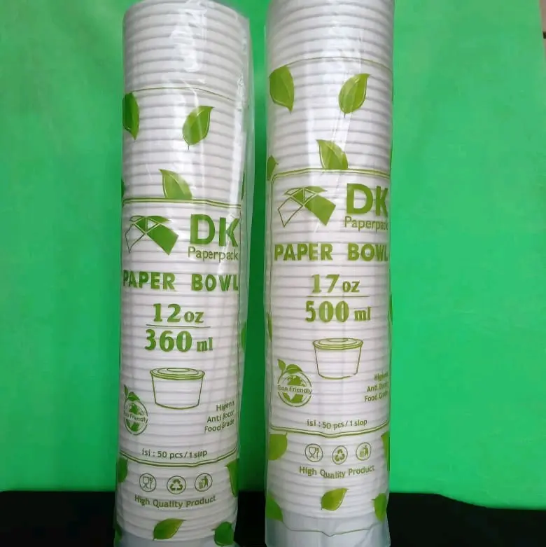 ( 50pcs ) PAPER BOWL 360ml 500ml + TUTUP / Tanpa Tutup Warna PUTIH / Mangkok Kertas Tutup Plastik