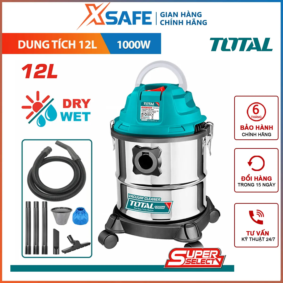 Máy hút bụi 3 chức năng Hút khô, ướt và thổi Total công suất 1000W, bình chứa bụi 12 lít, ống hút 1.5 mét, kèm nhiều phụ kiện Làm Sạch