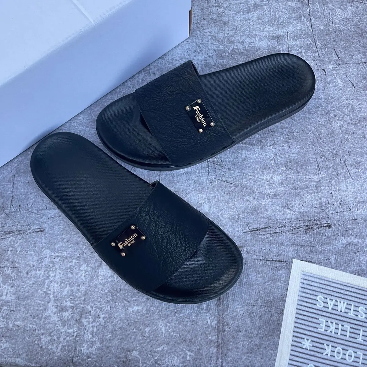 Khâu đế - dép da quai ngang nam logo đế kéo 2 lớp - phong cách tối giản DéP Đế Bằng Slipper