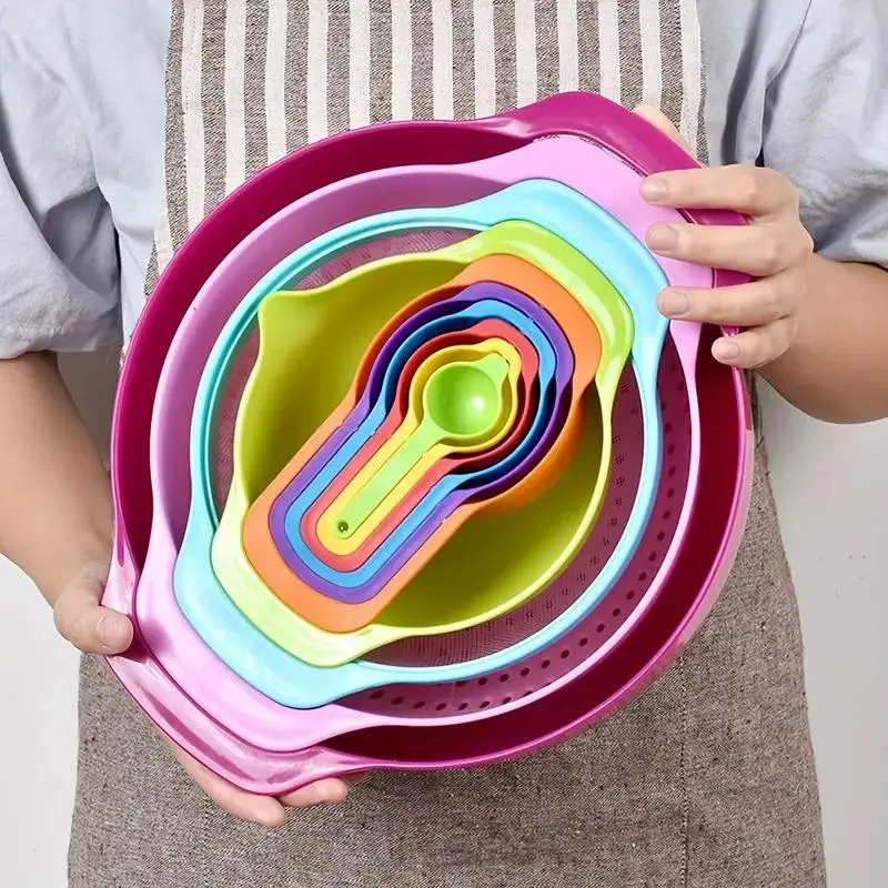 Rainbow Color Baking Measuring Cup & Spoon Set, 10pcs/set Multifunctional Mixing Bowl, Kitchen Supplies,   Vegetable Washing Plate 2