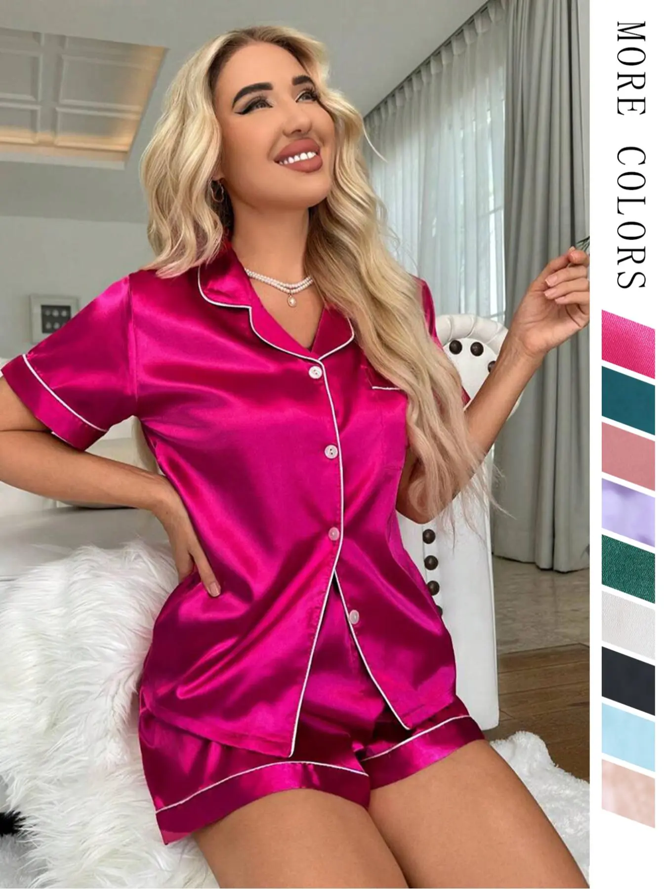 2 Counts Women's Pajamas Set, Summer Clothes Women, Pj Sets for Women, Comfort Lapel Collar Shortsleeve Button Front Shirt & Bow Decor Shorts Soft Satin Loungewear Set, Summer Sets, Lady Pj Set Valentine's Day, Pajamas