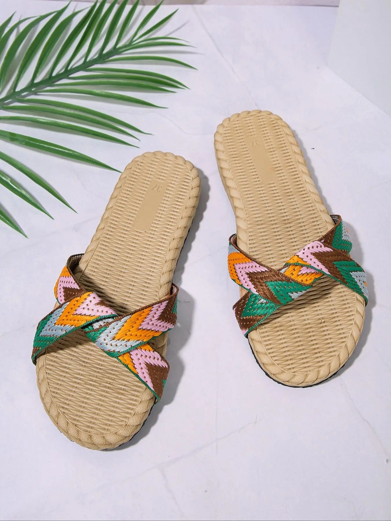 Women's Boho Style Braided Band Design Platform Slide Sandals, Casual Comfortable Home Slippers, Fashionable Slippers for Indoor & Outdoor Wear, Walking Shoes