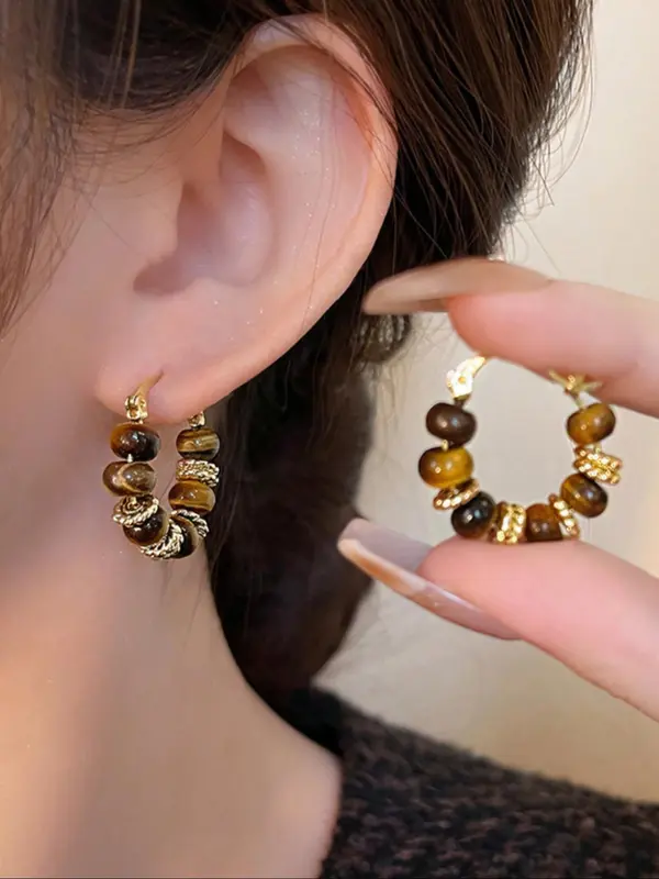 Vintage Tiger Eye Stone Decorated Hoop Earrings, Fashionable Jewelry for Women & Girls, Trendy All-match & Exquisite Jewelry for Birthday Gift 0