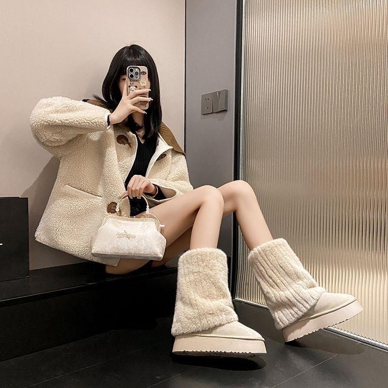 Bốt nữ cổ lông xỏ chất da lộn đế bánh mì đi tuyết mùa Đông 6