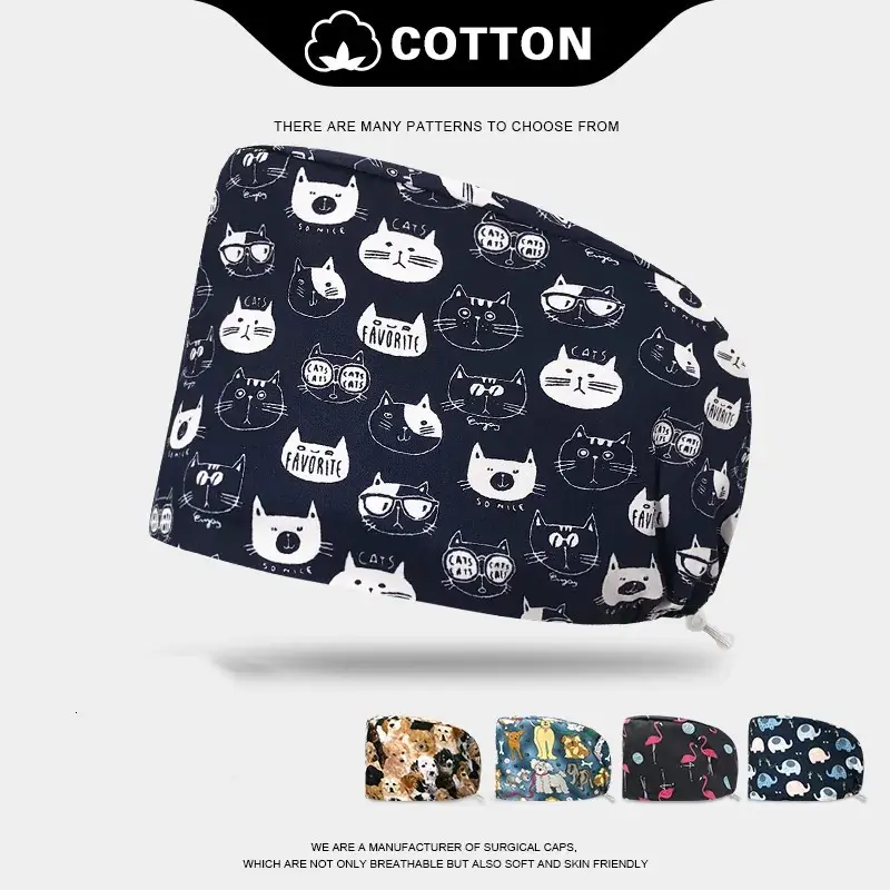 New Fashion Unisex Surgical Scrub Hat Womens Mens Cotton Adjustable Sweat-absorbent Breathable Printed Nursing Hat Clinic Dental Hospital Doctor Nurse Work Cap
