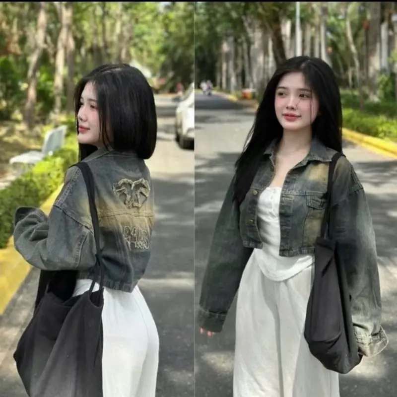 {121} AO KHOÁC JEAN NỮ THÊU MÀU BỤI FOM LỮNG -CÁ TÍNH