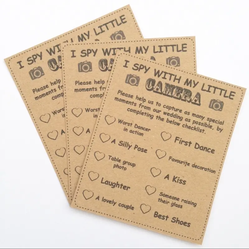 Wedding I SPY Cards x12 Party Trivia Brown Kraft Place Setting Table Vintage Shabby Chic ISPY Wedding 1