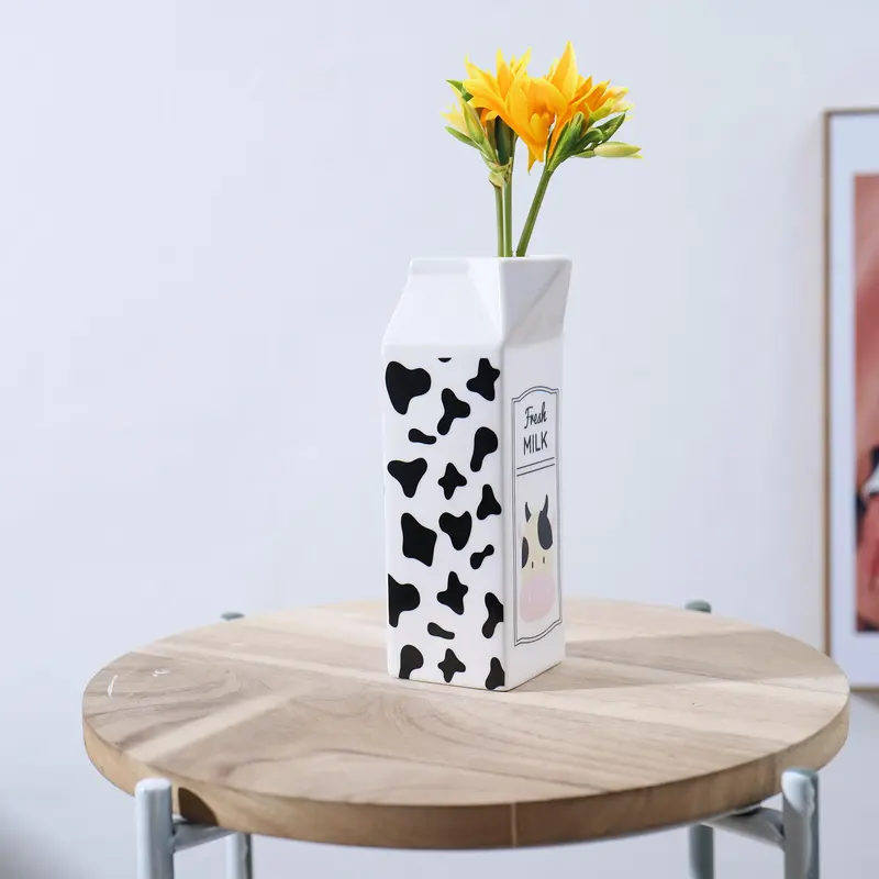 Fresh Milk Cow Pattern Ceramic Vase without Flower, 1 Count Creative Desktop Decorative Vase, Decorative Ornament for Home Living Room Bedroom Dining Room 4