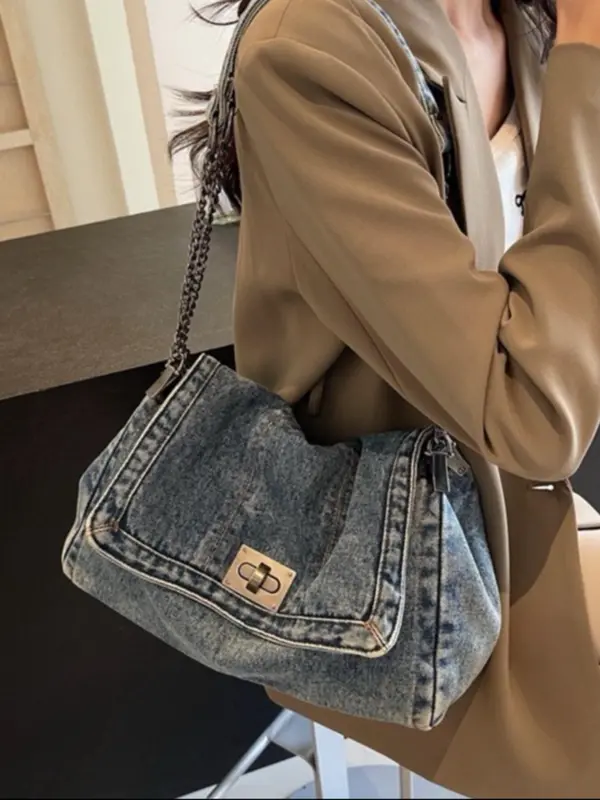 Women's Denim Shoulder Bag, Fashionable Chain Strap Crossbody Bag for Daily Used, Casual Trendy Versatile High-quality Daily Commuting Bag, Girl Fashionable Shopping Bag 3