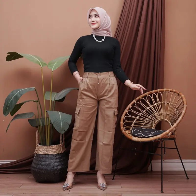 AESTORE - Zena Celana Kulot Cargo Panjang Wanita Highwaist Premium Berkancing Rasleting Bahan Twill Combad Premium Kekinian Korean Style Kantong kanan kiri pinggang belakang Karet  celana panjang Kerja Bawahan Basic Formal Samping Kantor Nyaman outfit 0