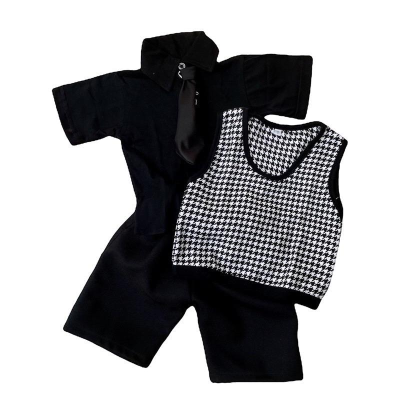 Setelan celana pendek baju anak vest houndstooth bw 3 bulan - 10 tahun 0