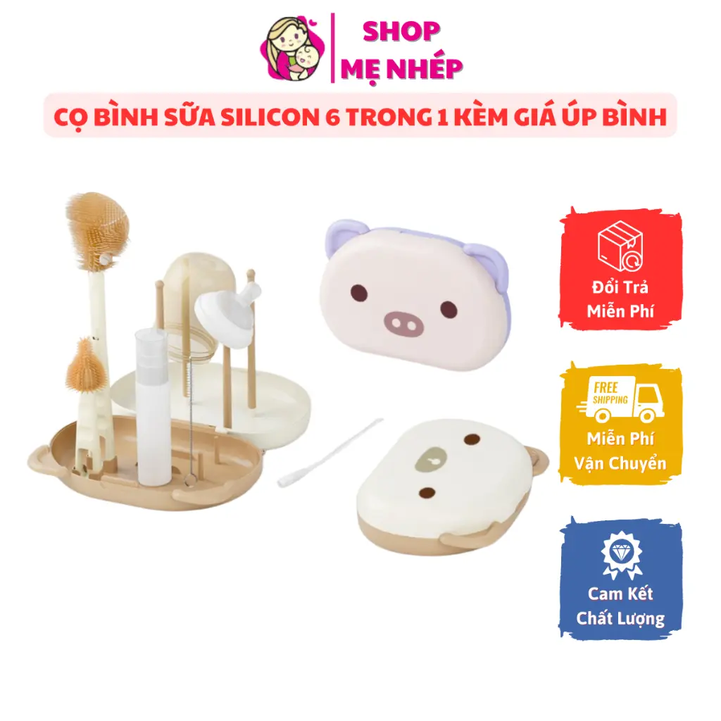 Cọ rửa bình silicon 6 trong 1, 3 trong 1 tay cầm xoay 360 độ