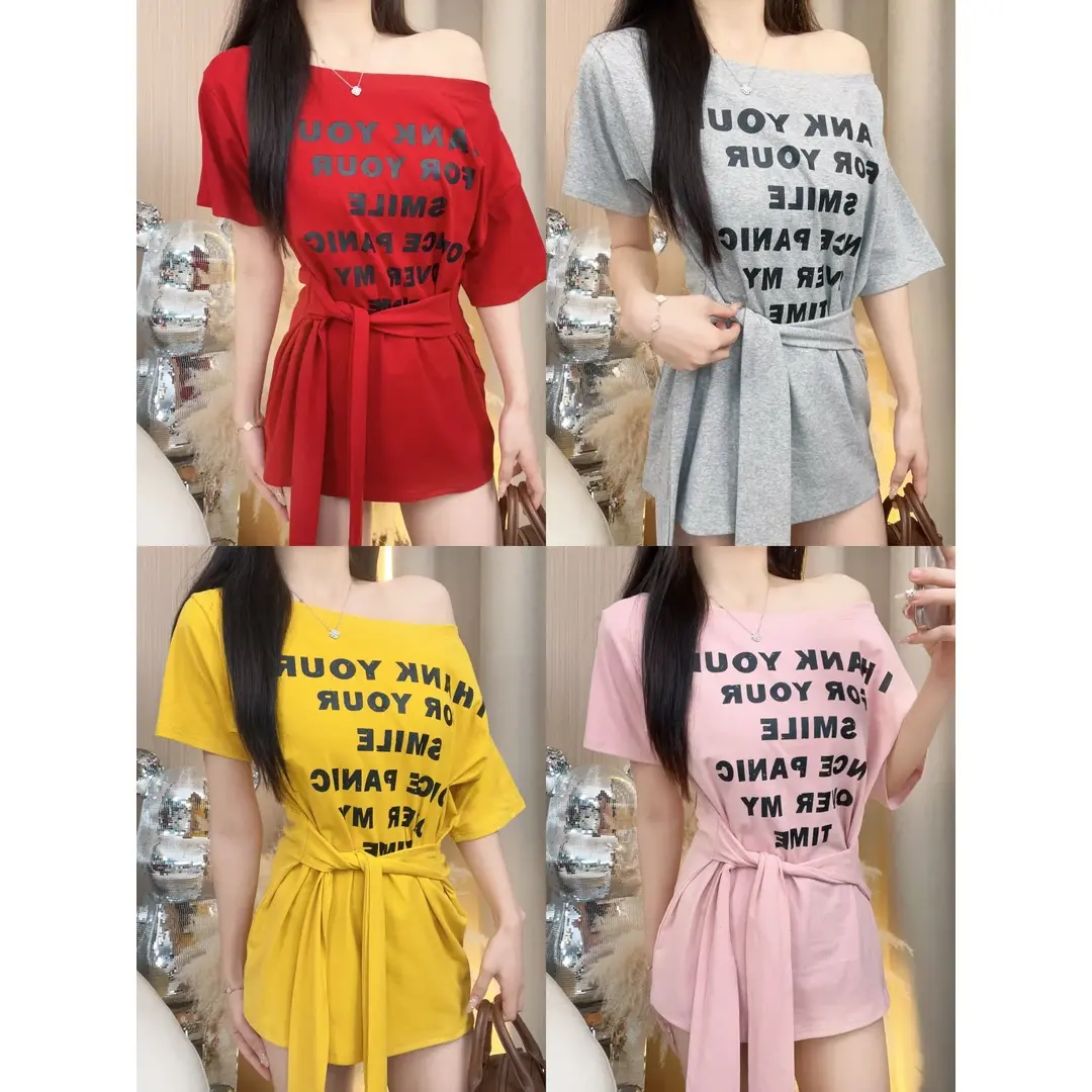 Loose Korean-style short-sleeved T-shirt with an off-the-shoulder design, a sense of style, tie straps and prints for the summer of 2025