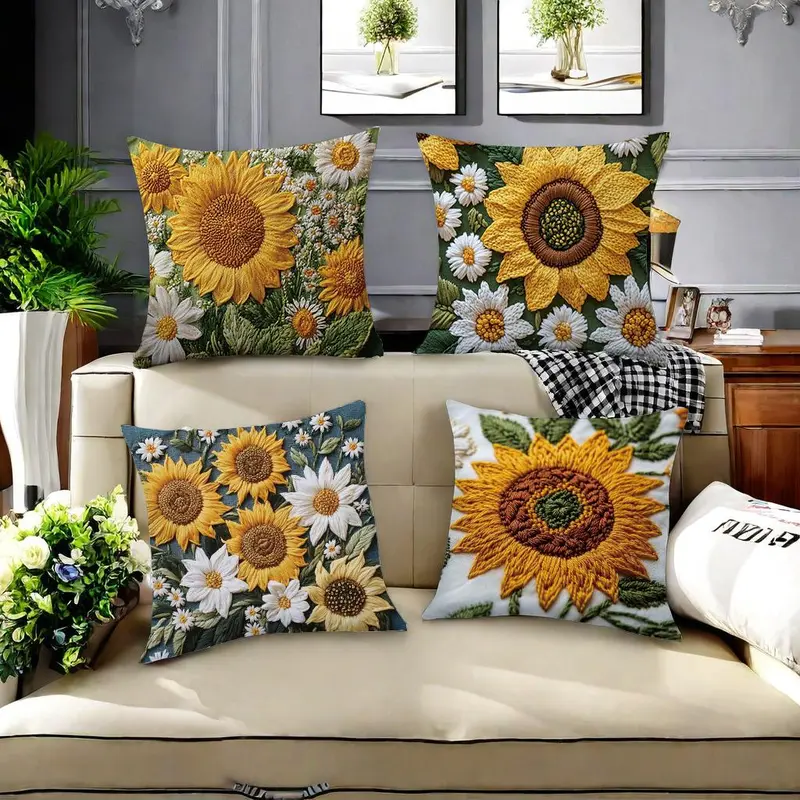 Sunflower & Daisy Pattern Cushion Cover, 4 Counts/set Floral Pattern Cushion Cover without Filler, Household Decoration Supplies for Home Living Room Bedroom 6
