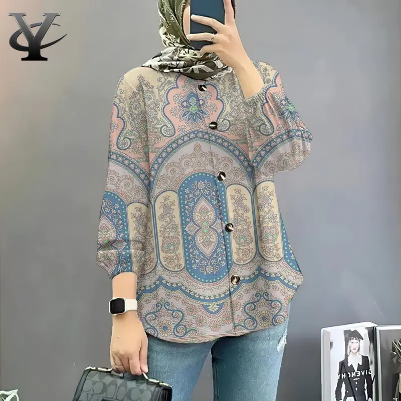 Baju Muslimah, Gaya Blaus, Corak Tradisional, Untuk Wanita, Lengan Panjang, Saiz Besar, Baju Muslimah, YC 2024, 2025