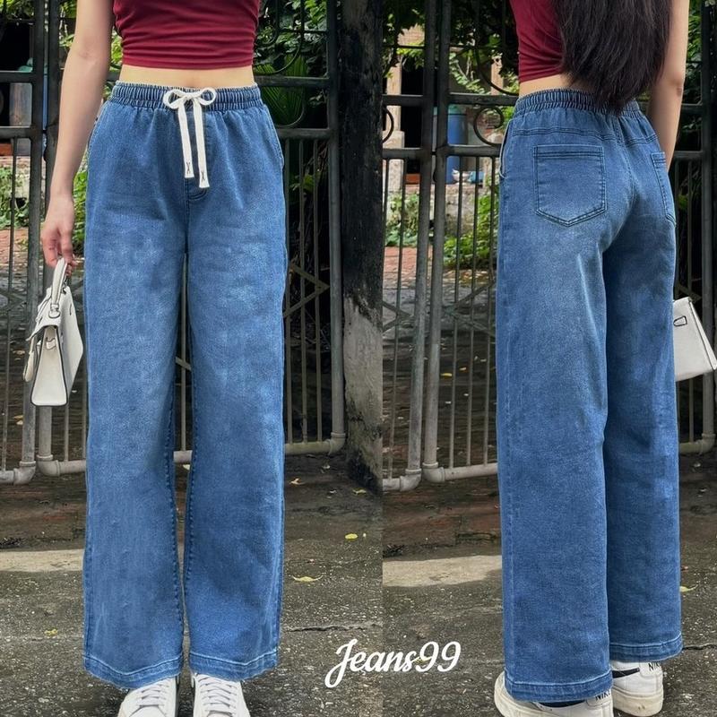[ Ảnh thật ] QUẦN BÒ DÁNG SUÔNG CO DÃN ỐNG RỘNG LƯNG THUN Jean Nữ Women Pants