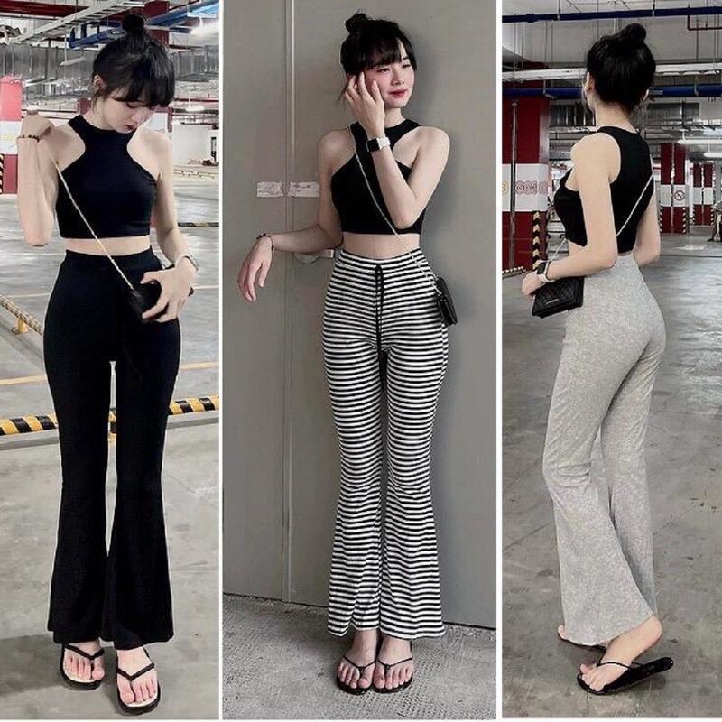 Quần Ống Loe Nữ Cạp Chun Lưng Cao Dáng Leggin Màu Đen Trắng Vải Thun Co Dãn quan lo len ni tây Ong Cotton