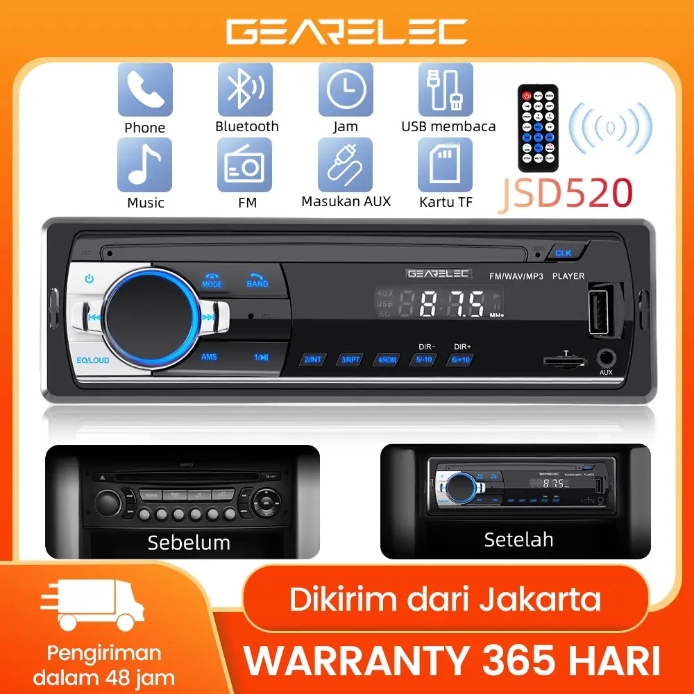 Gearelec Tape Audio Mobil JSD-520 JSD520 Multifungsi Bluetooth MP3 FM Radio Kartu TF USB dengan Remote Control Mendukung