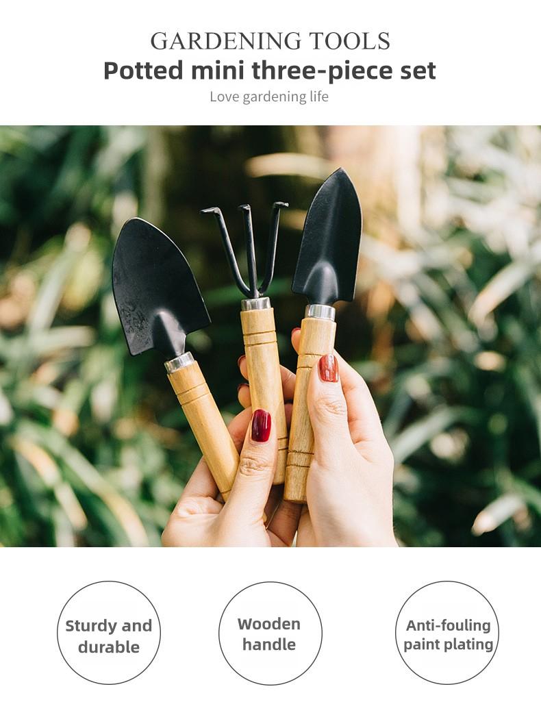 Product Introduction of A set of three potted small shovel sets, flower planting shovels, soil loosening shovels, gardening planting succulent tools, a set of three pieces, suitable for household use, wooden handle, anti-fouling paint plating 0