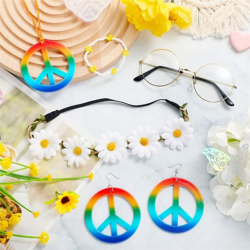 Product Introduction of Vintage 60's 70s Style Women's Hippie Costume Set Boho Peace Sign Round Glasses Hippie Costume Accessories Set for Groovy Party Girls Womenswear Adjustable 14