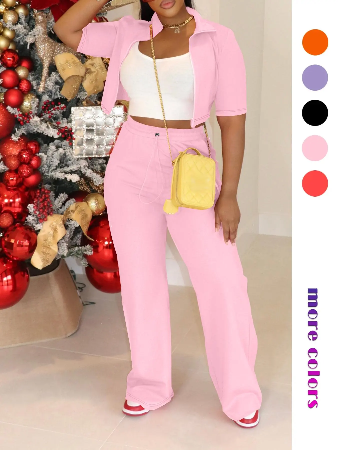 Christmas Deals, Women's Solid Zipper Pants Two-piece Set, Casual Short Sleeve Crop Jacket & Drawstring Waist Pants Set, Ladies Summer Clothes, Womenswear Clothes, Christmas 2024 Trend, Fall & Winter Outfits