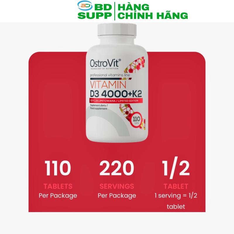 Viên Uống Hỗ Trợ Sức Khoẻ Xương Ostrovit VITAMIN D3 4000IU + K2, 110 Viên