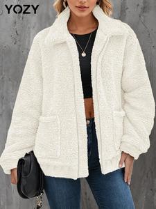 YOZY Women's Solid Color Drop Shoulder Zip Up Plush Coat, Casual Long Sleeve Pocket Collared Outerwear for Fall & Winter, Women's Clothes for Daily Wear