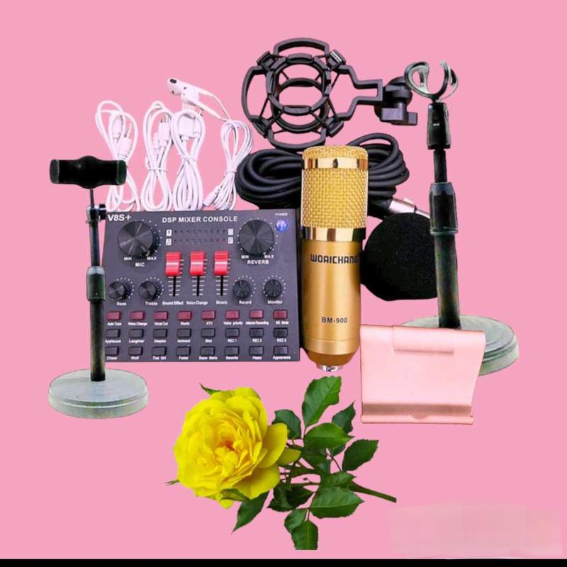 Bộ  hát thu âm live Stream  sounds card V8S  Bluetooth + Micro BM 900 + 1 kẹp mic + 2 kẹp điện thoại + 1 dây live + 1 dây lấy nhạc + 1 dây sạc PIN + 1 tai nghe + 1 bông lọc Kem