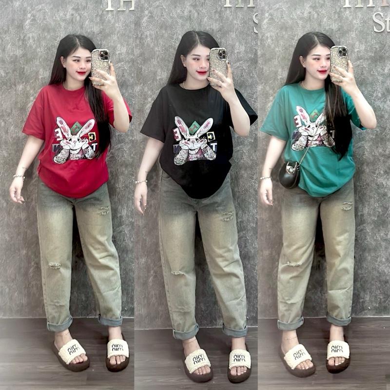 Set áo thun tay ngắn in hinh FORM RỘNG, quần jean LOANG MÀU baggy lưng thun Top Women Nữ