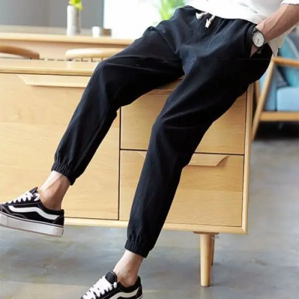 áo hoodie zip Quần Vải Lanh Cotton Cho Nam, Quần Xếp Nếp Mùa Hè, Ngoại Cỡ, Rộng Rãi, Thường Ngày, Dây Rút Buộc Mắt Cá Chân, Quần Ống Rộng Cắt đồ pijama nam