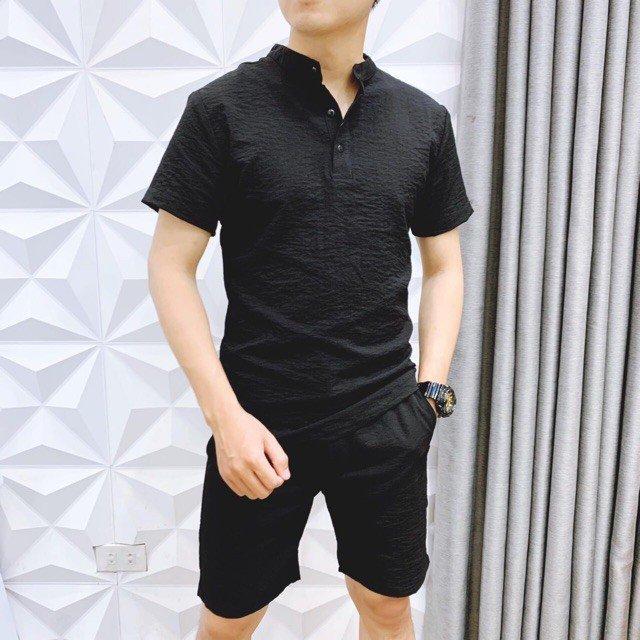Bộ quần áo hè nam Menswear vải đũi cổ tàu ngắn tay (Quần + Áo)