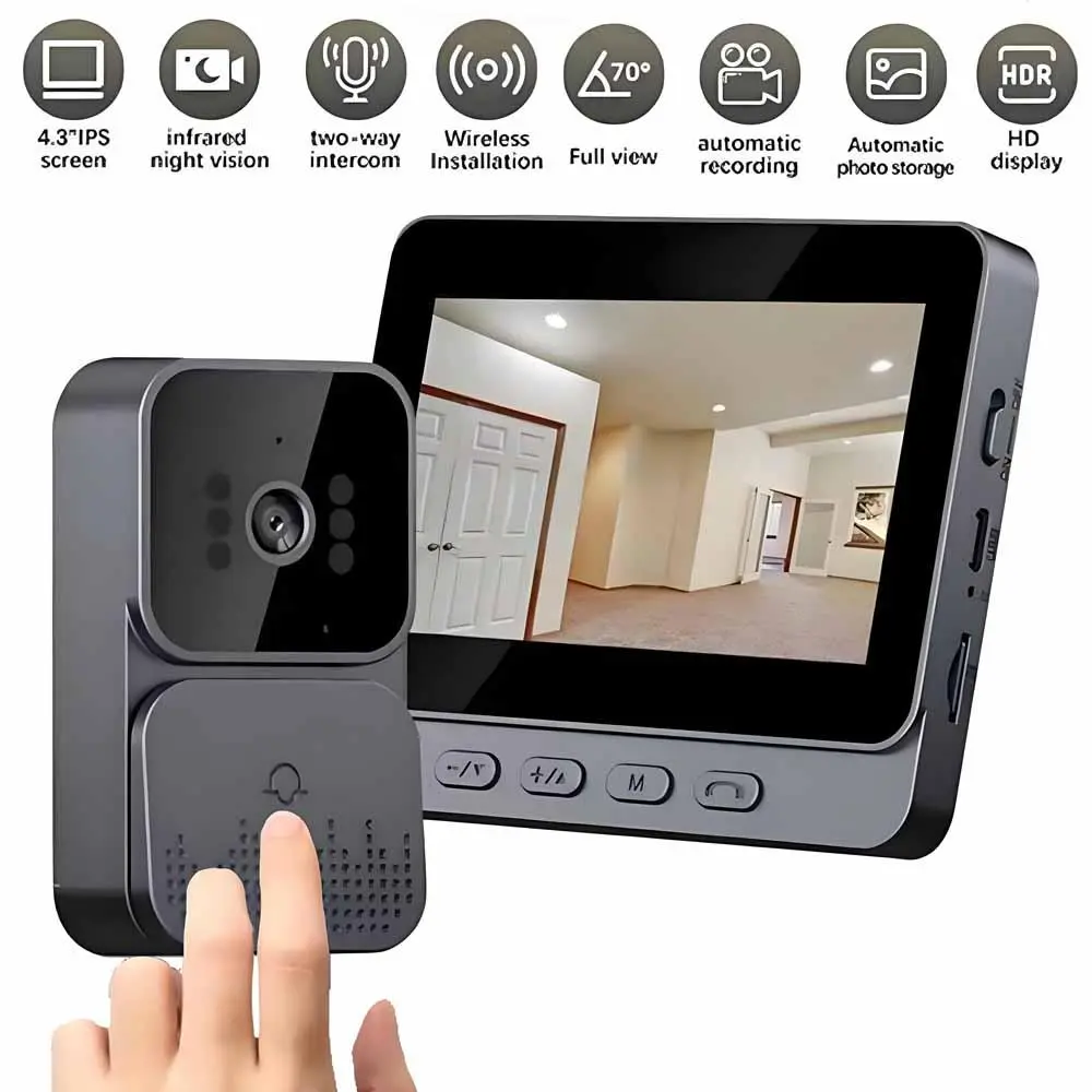 Smart Video Doorbell Camera, 4.3 Inch 1080P HD Display Video Doorbell Camera with Night Vision Function, Two-way Voice Doorbell Camera for Home Office Apartment, Wireless Video Intercom System