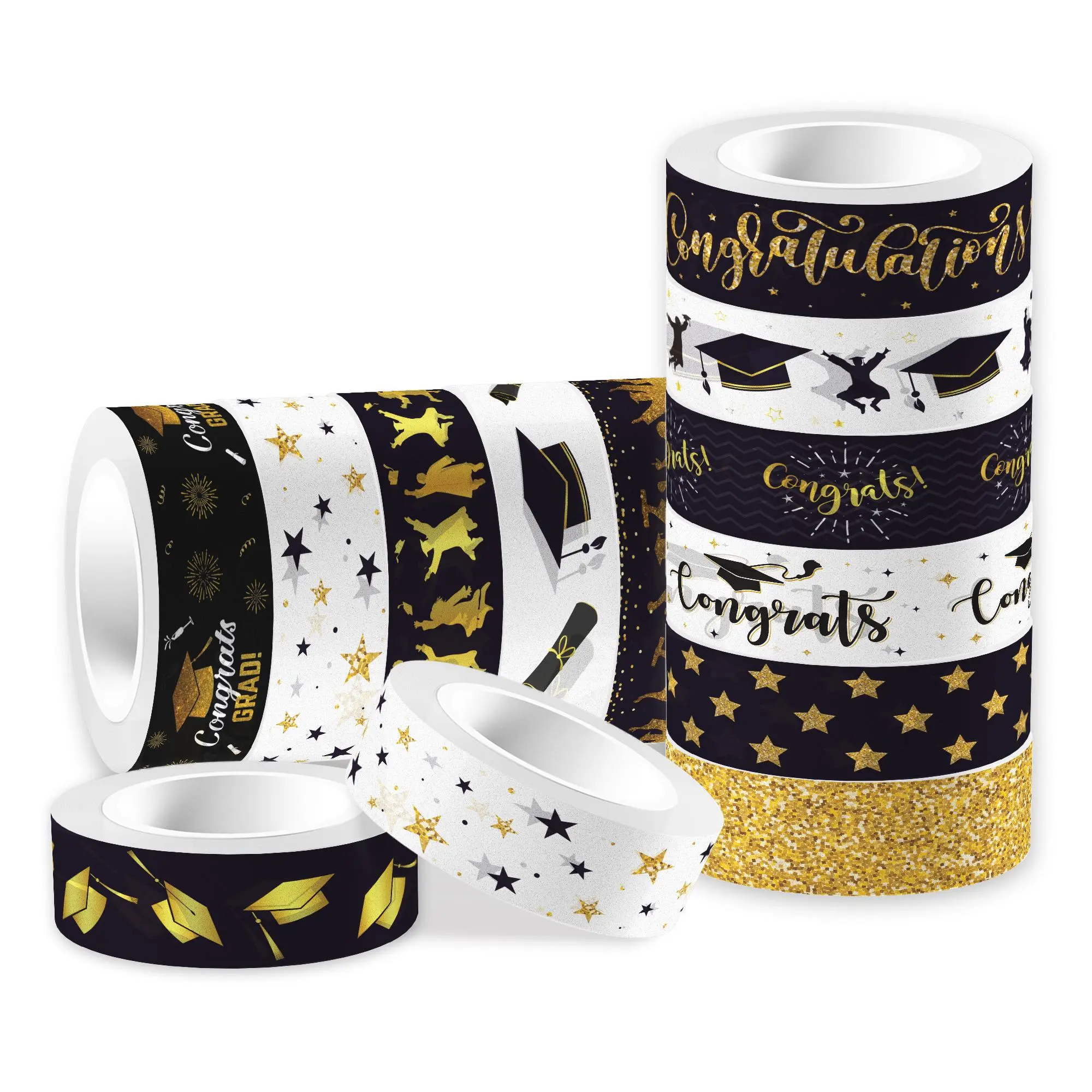 Graduation Themed Washi Tape, 12 Rolls Graduation Cap Pattern Decorative Tape, DIY Decorative Tape for Scrapbooking & Journal Making