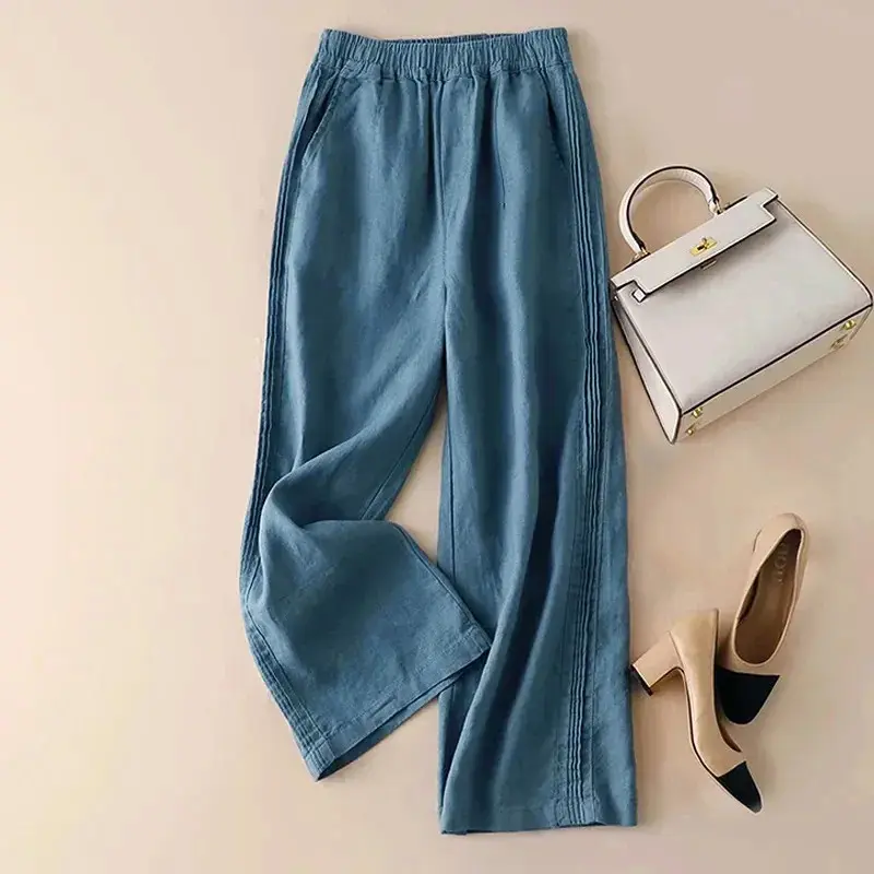 Pleated Solid Casual Elastic High Waist Cotton Linen Women's Pants Korean Fashion Wide Leg Ankle-Length Pants For Women 2025 Womenswear Bottom Lingerie Comfort Trouser Basic Minimalist