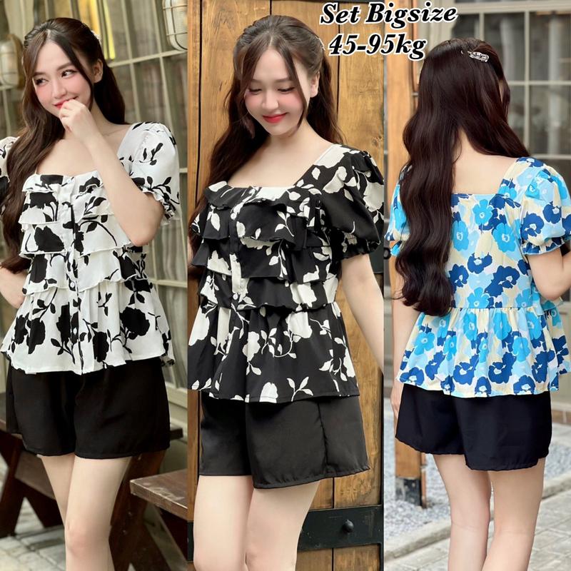 (HCM) Sét Bigsize Thiết Kế Đón Tết Tay Ngắn Cổ Vuông Áo Nhún Tầng Vải Lụa Cao Cấp, Thời Trang Bigsize Nữ đẹp Sang Chảnh Freesize 50-100kg Ennhocobigsize Nhung Women Đen  set bộ big size noel bộ dsq mùa đông set đồ nữ bigsize đồ tết 2024 cho nữ To - 2135