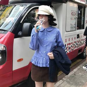 Polyester Material Blue Plaid Shirt for Women Autumn Doll Collar Waist-Cinching Long Sleeve Lace Top Elegant Versatile 2025 Autumn