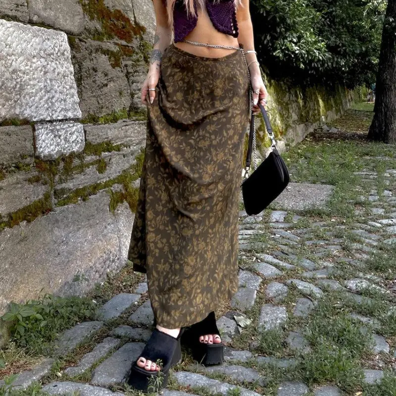 Women Retro Style Skirt, Tawny Leaves Printed Pattern Low Waist Flowy Skirt, S/ M/ L