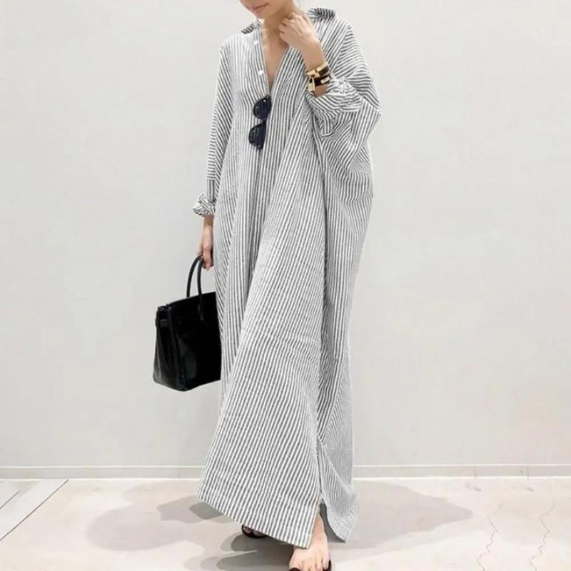 Product Introduction of New Elegant Striped Cardigan Loose Dress Womens Lapel Long Sleeve Long Shirt Dress Ladies Stripe Print Button Up Cardigan Dress 3