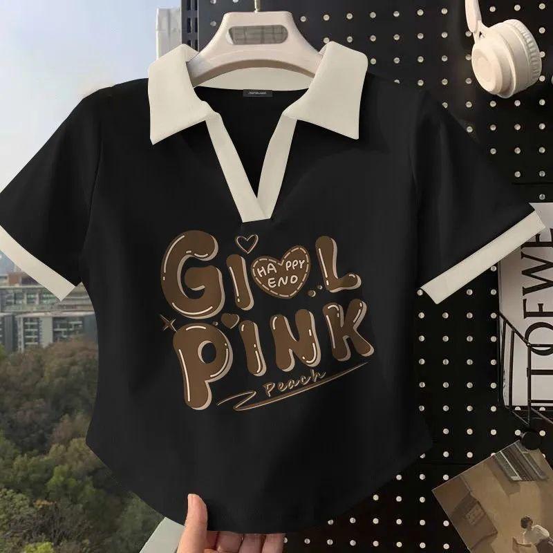 Product Introduction of American Retro Short-sleeved T-shirt for Women in Summer Contrasting Color Polo Shirt Design Niche Chic Short Top Ins Trendy Women 2