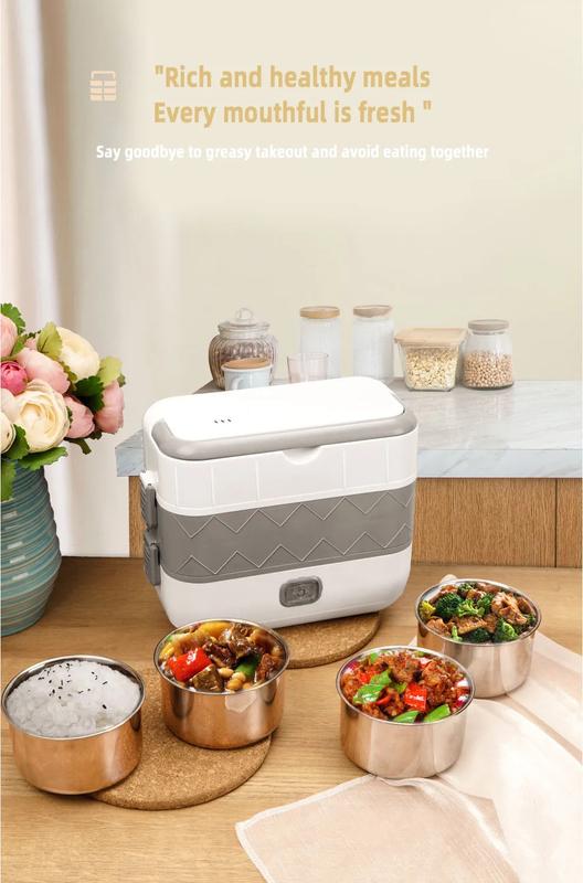 Product Introduction of Portable Electric Lunch Box Heating Single Double Layers Stainless Steel Cooking Lunch Boxes Food Storage Warmer Container Mini Rice Cooker Steamer Tableware 15