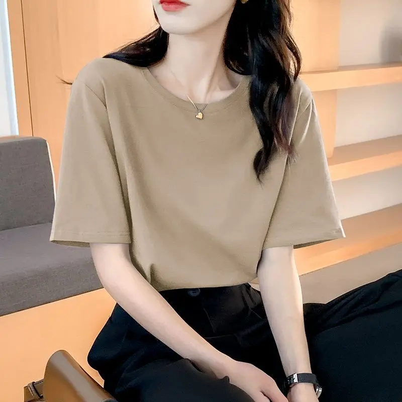 Cotton Loose Short Sleeved T-Shirt For Women's Summer Round Neck T-Shirt, Khaki Solid Color, With a Slightly Chubby Front Shoulder Top To Cover The Belly
