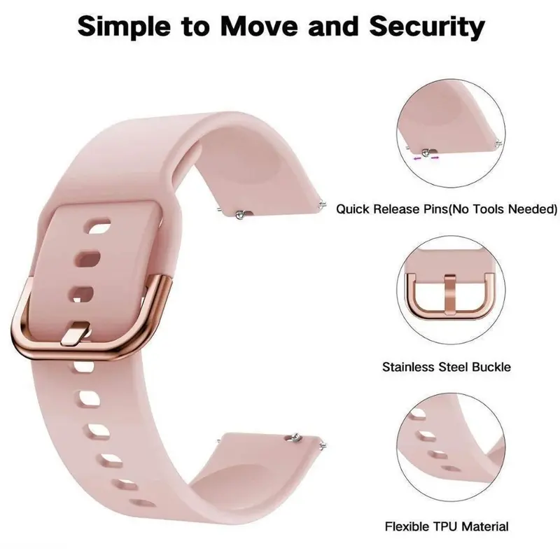 Silicone Strap Bracelet Belt 20/22mm for Samsung Galaxy Watch 7 FE 6 5 4 Silikon Sport Strap Polos Sport Band Tali Jam Tangan for Huawei Watch GT 5 4 3 2,Amazfit,Garmin,Aolon,Itel 011/012,Xiaomi Redmi 5 Active Smartwatch Accessories Metal Logam buckle 3