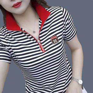 Korean Version Classic Stretch Women Short Sleeve Stripe Polo shirt for zipper Showing Slim Casual Lapel Blouse Female New Fashion Tops Plus Size