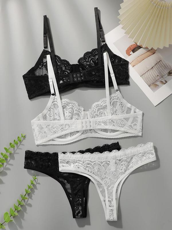 Women's Solid Lace Underwire Bra & Panty Set, Push Up Bra & Panty Set, Soft Comfy Breathable Lingerie Set for Women 1