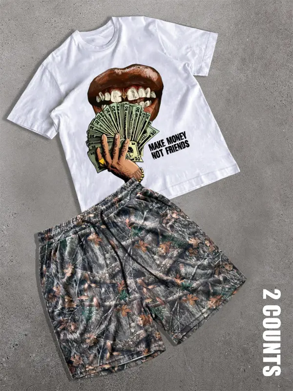 Men's Letter & Money Graphic Tee & Shorts Two-Piece Set, Regular Fit Casual Round Neck Short Sleeve T-shirt & Drawstring Waist Shorts, Men's Summer Clothes for Beach Vacation 0